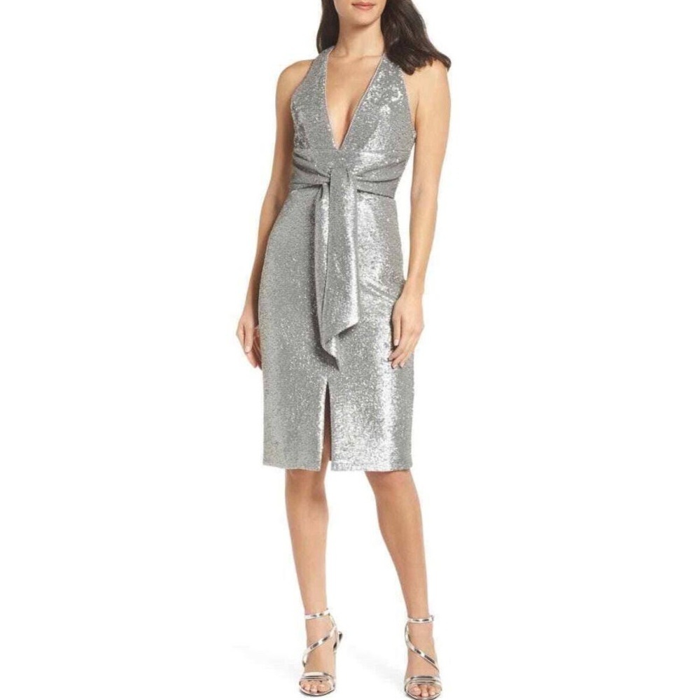NWT - HARLYN - Sequin Silver Plunge Neck Dress